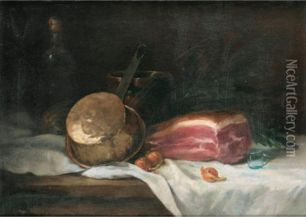 Nature Morte Au Jambon [ ; Still Life With Ham ; Oil On Canvas ; Signed And Dated '71.] Oil Painting - Antoine Vollon