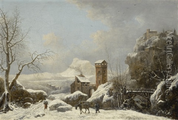 Snowy Landscape With Figures And A Packhorse In The Foreground Oil Painting - Jules Cesar Denis van Loo
