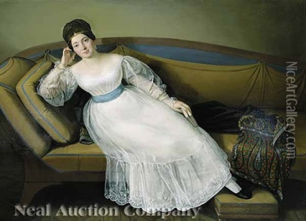 A Portrait Of A Nobelwoman On An Empire Sofa Oil Painting - Carl Josef Alois Agricola
