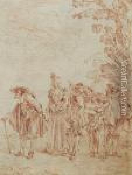 Cinq Personnages De Comedie Se Dirigeant Vers La Gauche Oil Painting - Watteau, Jean Antoine