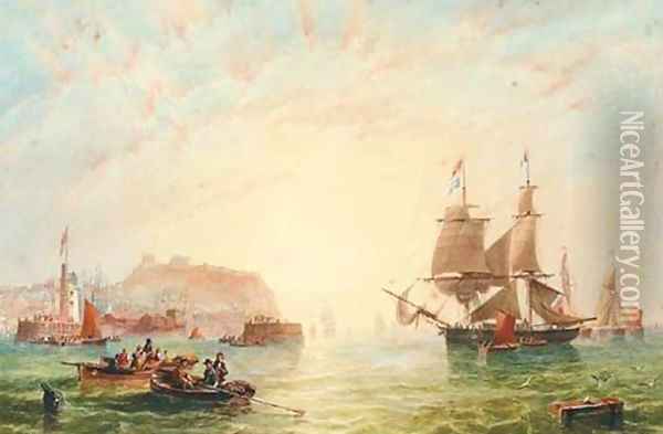 A trading brig and other vessels off the entrance to Scarborough Oil Painting - James Wilson Carmichael