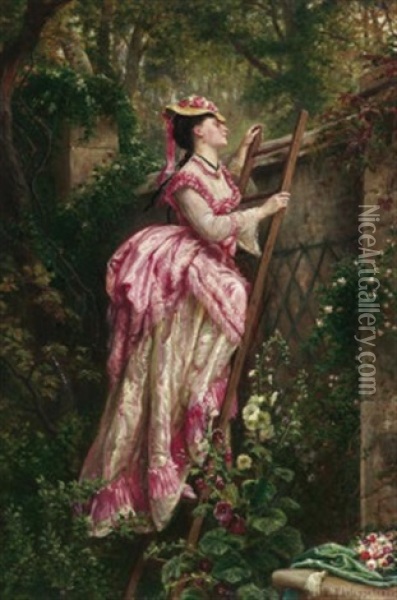 Elegante Junge Dame Auf Einer Leiter, Sehnsuchtig Uber Eine Gartenmauer Blickend Oil Painting - Paul Dominique Philippoteaux