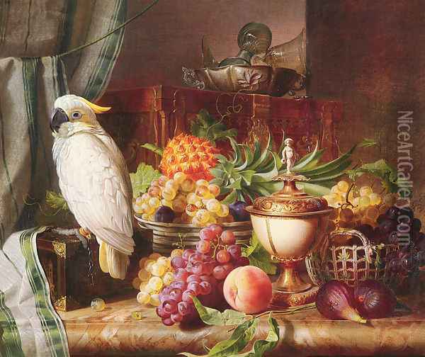 Still Life With Fruit and a Cockatoo Oil Painting - Josef Schuster