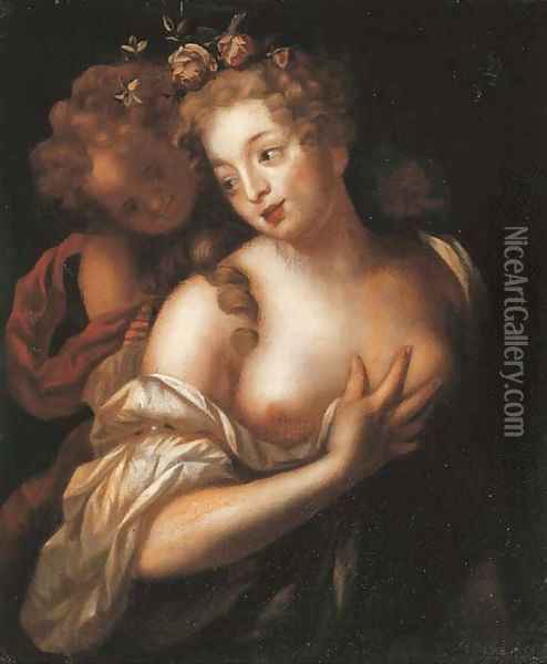 Portrait of a lady as Flora, with Cupid nearby Oil Painting - Paul Mignard