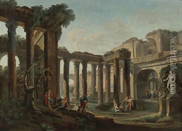 Figures Resting Among Roman Ruins Oil Painting - Hubert Robert