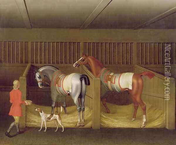 The Stables and Two Famous Running Horses belonging to His Grace, the Duke of Bolton, 1747 Oil Painting - James Seymour