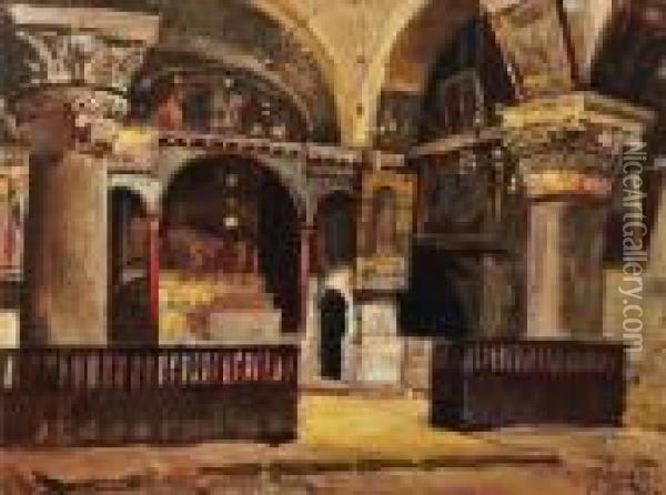 Church Interior, Jerusalem Oil Painting - Georg Macco