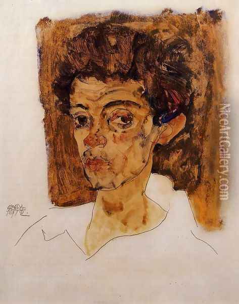 Self Portrait With Brown Background Oil Painting - Egon Schiele