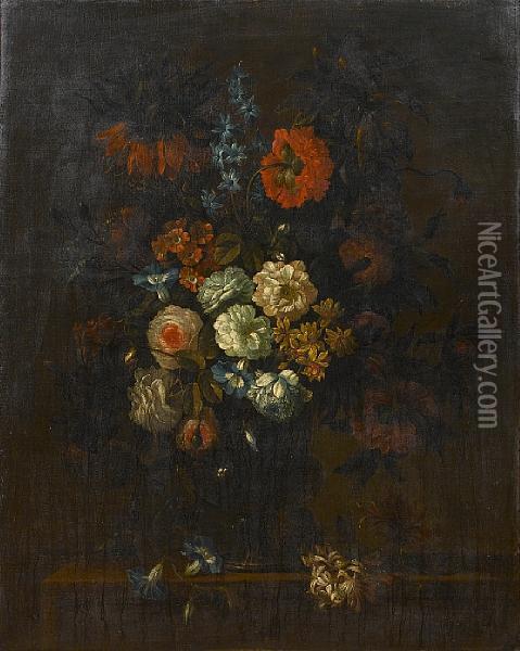 Roses, Chrysanthemums, 
Convolvulus, And Otherflowers In A Glass Vase On A Stone Ledge With 
Honeysuckle Oil Painting - Antoine Monnoyer