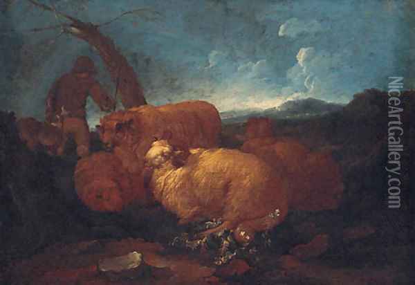 A shepherd and sheep in a landscape Oil Painting - Philipp Peter Roos