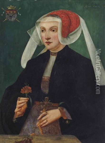 Portrait Of A Lady, Three-quarter-length, In A Black Dress And A Red And White Headdress, A Flower In Her Right Hand Oil Painting - Bartholomaeus Bruyn the Elder