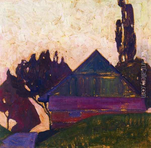 House Between Trees I Oil Painting - Egon Schiele