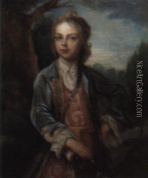 Portrait Of A Boy, In Blue Coat With Gold Embroidery Oil Painting - Marcellus Laroon the Elder