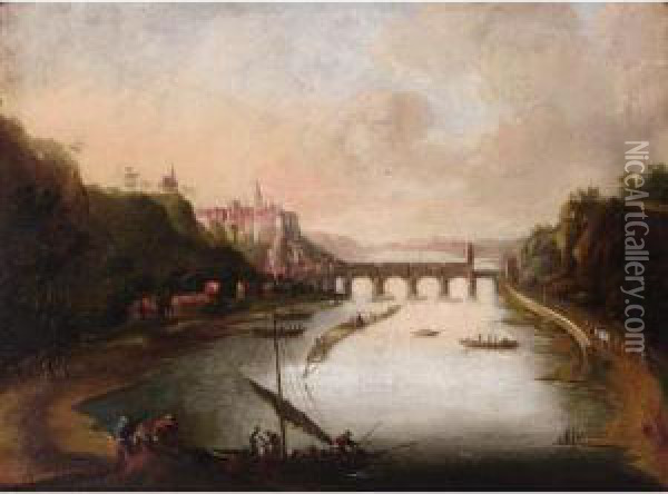View Of The Elbe, With Castle Sonnenstein, Saxony Oil Painting - Johann Christian Brand