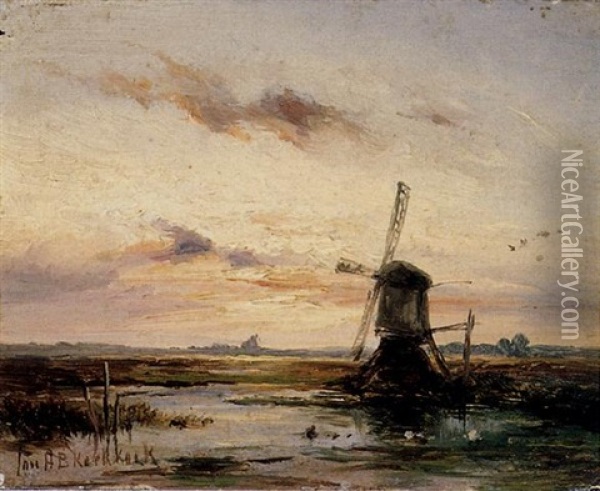 A Windmill In A Polder Landscape At Sunset Oil Painting - Johannes Hermanus Barend Koekkoek