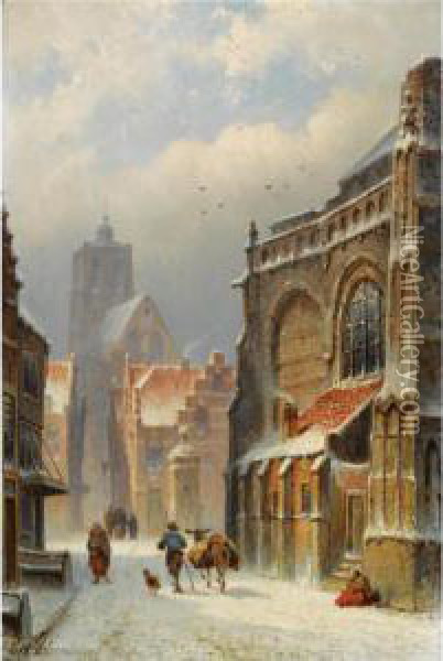 Figures In The Streets Of A Wintry Town Oil Painting - Eduard Alexander Hilverdink