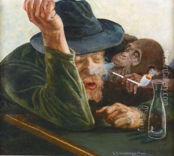 Der Trinker Mit Dem Affen. Oil Painting - Ernst Otto Leuenberger