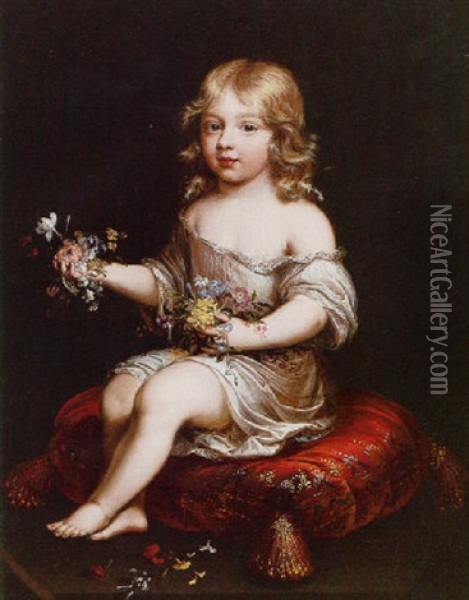 Portrait Of A Young Boy Seated On A Cushion Holding Flowers Oil Painting - Pierre Mignard the Elder