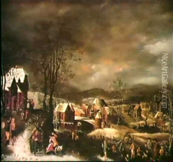 Un Village Flamand Sous La Neige Oil Painting - Abel Grimmer