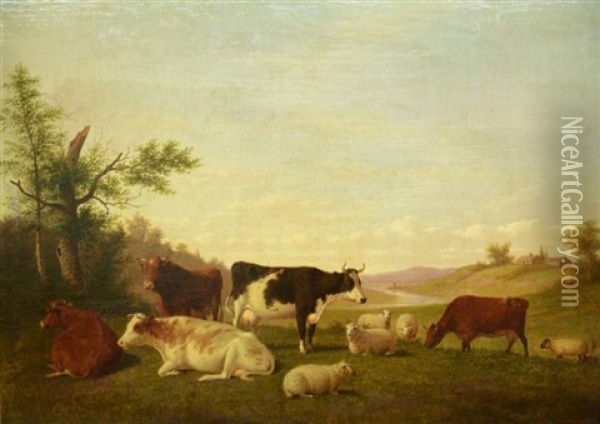 Cows And Sheep Near River Oil Painting - Thomas Hewes Hinckley
