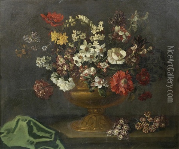 Poppies, Narcissi, Orange Blossom And Other Flowers In A Bronze Urn With Auriculas On A Stone Ledge Draped With A Green Cloth Oil Painting - Jean-Baptiste Belin de Fontenay the Elder