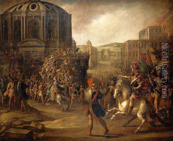 Battle Scene with a Roman Army Besieging a Large City Oil Painting - Juan De La Corte