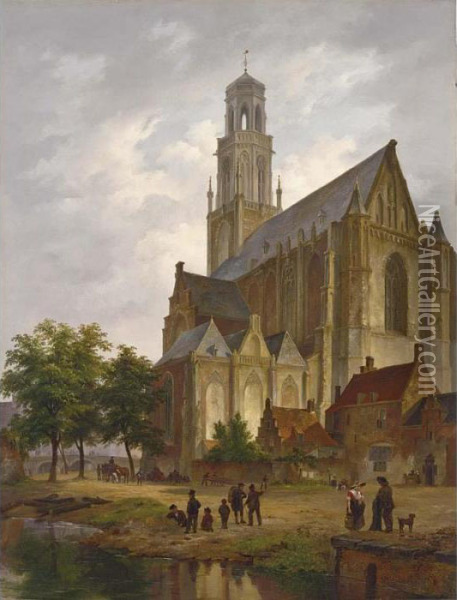 Figures Near A Church In A Dutch Town Oil Painting - Bartholomeus J. Van Hove