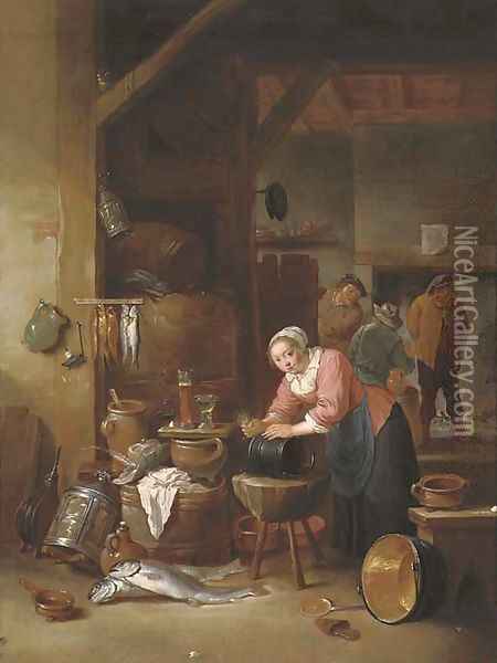 A tavern interior with a woman cleaning a cauldron and three boors drinking in front of an open fire beyond Oil Painting - Matheus van Helmont