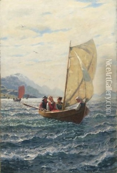 Sonntagliche Bootsfahrt Uber Den Fjord. Die Blonde Junge Frau Im Boot Ist Die Tochter Des Kunstlers Oil Painting - Hans Dahl