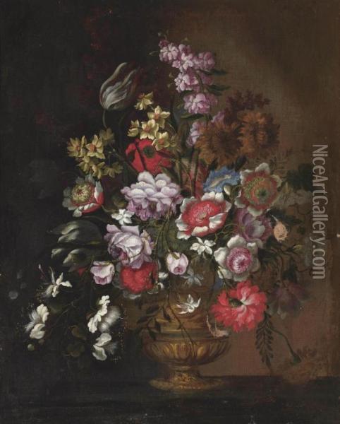 Poppies, Peonies, Tulips, Capers, Narcissi And Other Flowers In An Urn On A Ledge Oil Painting - Giovanni Stanchi