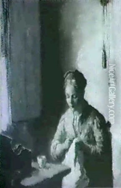 Woman Sewing By A Window Oil Painting - Bernard de Hoog