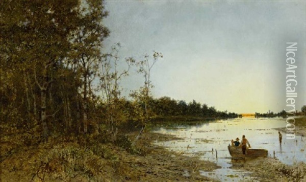 Flusslandschaft Im Abendlichen Licht Mit Fischern Im Nachen Und Baumbestandenem Ufer Oil Painting - Karl Heffner