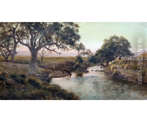 Australian River Landscape With Cattle Watering Oil Painting - Jan Hendrik Scheltema