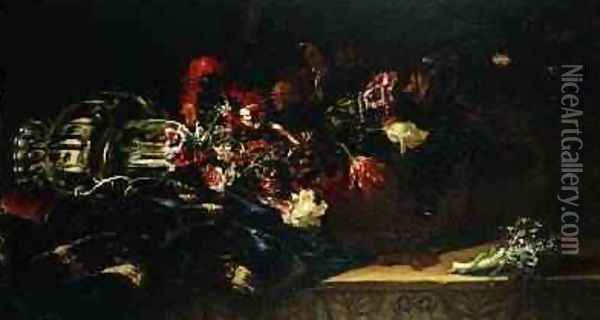 Flowers on a Cloth Oil Painting - dei Fiori (Nuzzi) Mario