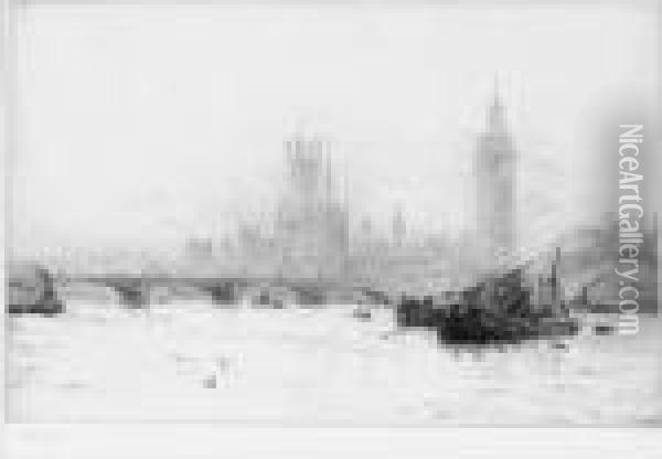 Westminster Flood Tide Oil Painting - William Lionel Wyllie