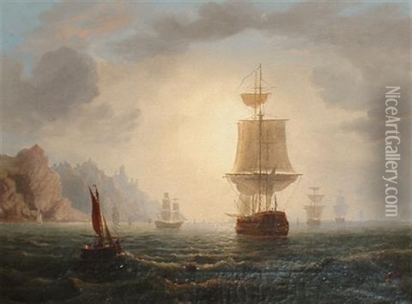 Shipping Off A Rocky Coast Line Oil Painting - Frederick Calvert
