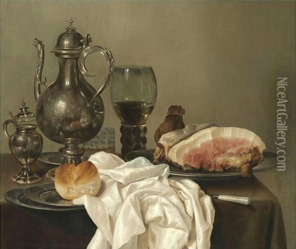 A Still Life With A Silver Tazza, A Silver Pot, A Roemer With White Wine, A Glass With Beer, Four Pewter Plates With A Bread Roll And A Shoulder Of Ham, All On A Green Table Cloth Oil Painting - Willem Claesz. Heda