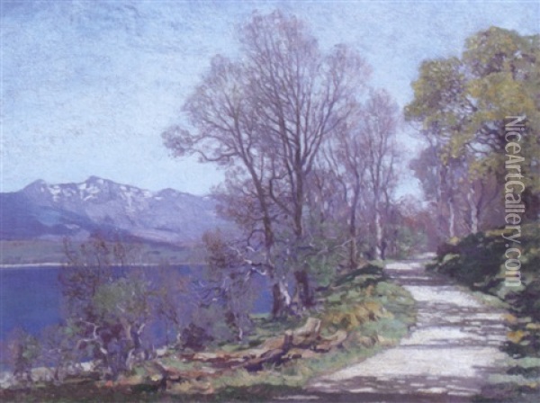 A Road Alongside A Lake Oil Painting - George Houston