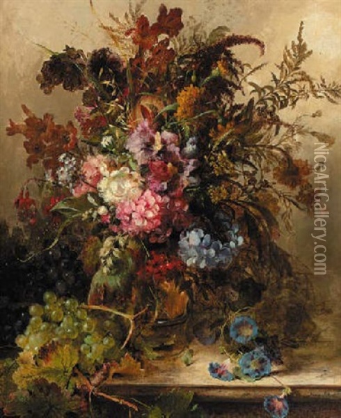 A Field Bouquet With Hydrangea, Fuchsia And Other Flowers Oil Painting - Anna Peters