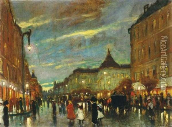 Evening Lights On The Boulevarde Oil Painting - Antal Berkes