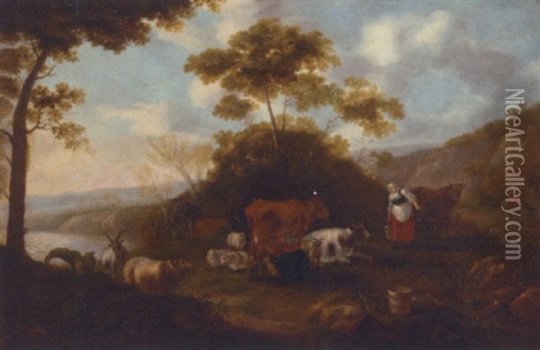 Milkmaids With Cattle In A Landscape Oil Painting - Jacob Gerritsz van Bemmel