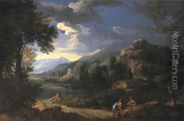 Classical Landscape With Three Shepherds By A Lake Oil Painting - Gaspard Dughet