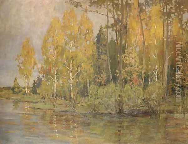 A wooded river landscape with silver birches Oil Painting - Isaak Ilyich Levitan