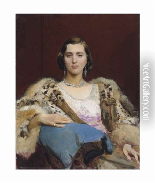 Portrait Of Miss Dewitt Wearing A Leopard Stole Oil Painting - George Spencer Watson