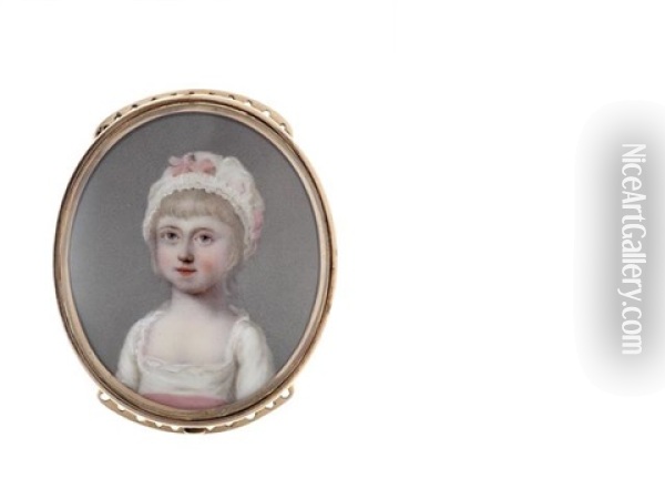 The Hon. Juliana Dawson, Wearing White Dress With Pink Sash To Her Waist, Her White Bonnet Finished With Matching Pink Ribbon Oil Painting - Henry Spicer