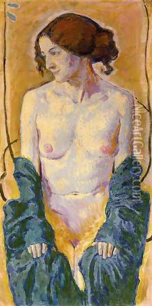 Female Nude with Blue Shawl Oil Painting - Koloman Moser