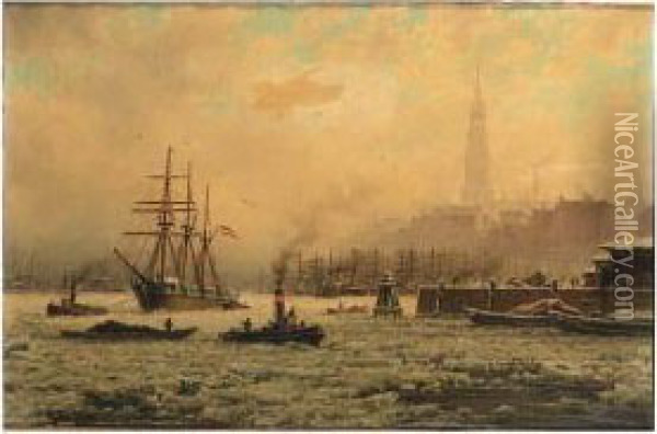 View Of The Harbour Of Hamburg In Winter Oil Painting - Georg Schmitz