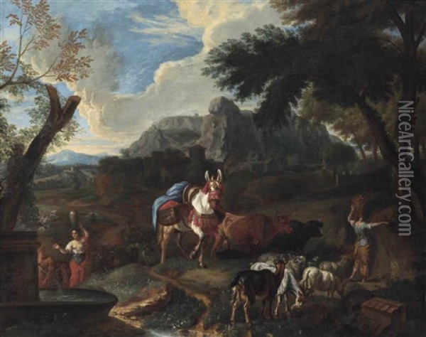 A Classical Landscape With Herdsmen Oil Painting - Pieter van Bloemen