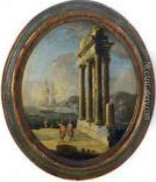 A Mediterranean Coastal 
Landscape With Figures By A Classical Ruin;and A Companion Painting Oil Painting - Giovanni Niccolo Servandoni