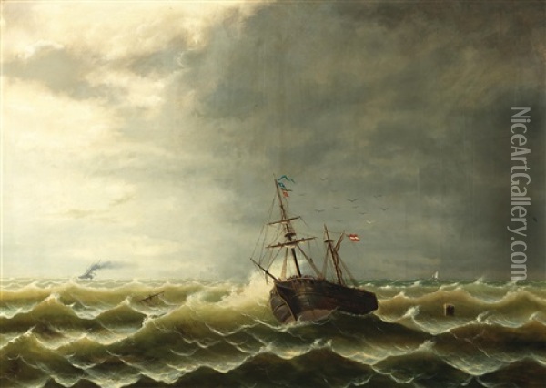 Schiffe Auf Bewegter See Oil Painting - Josef Karl Berthold Puettner
